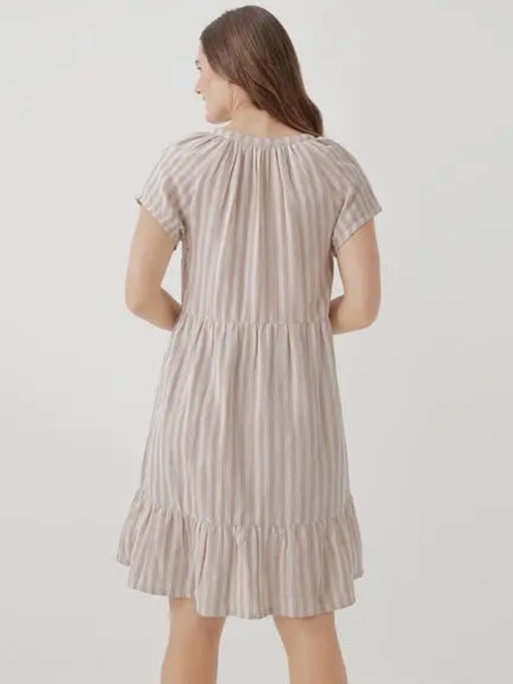 NWT Pact Cream and Light Gray Striped V‑Neck Tiered Dress - Picture 3 of 5